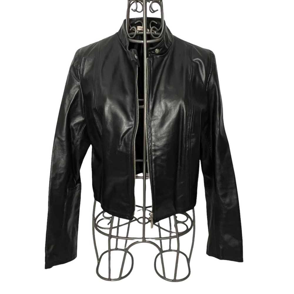 BRIGGY Vintage Vera Pelle Short Long Sleeve Mock Neck Leather Jacket Large - Picture 1 of 16
